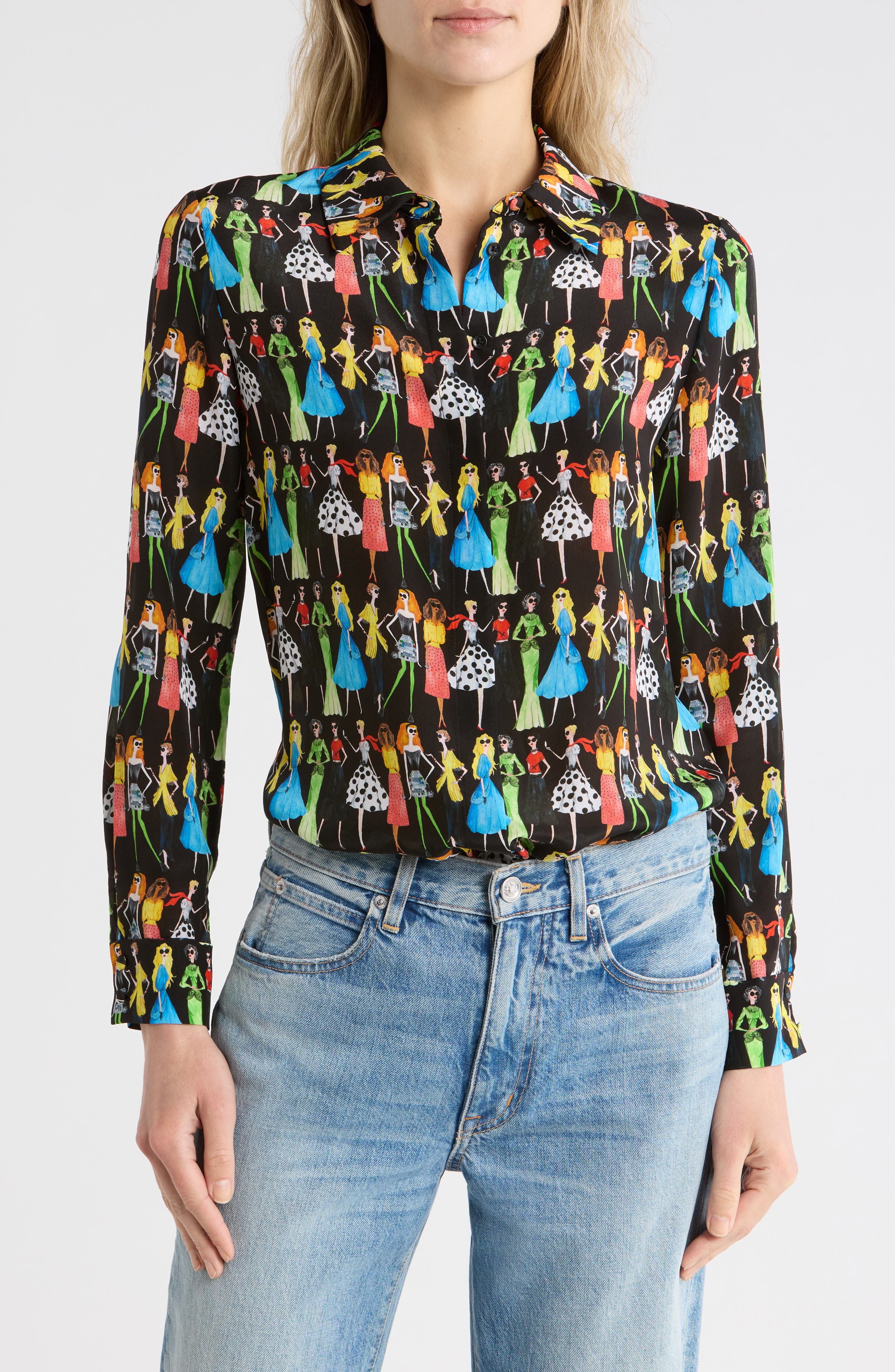 Alice + Olivia Willa Staceface Silk Button-Up Shirt