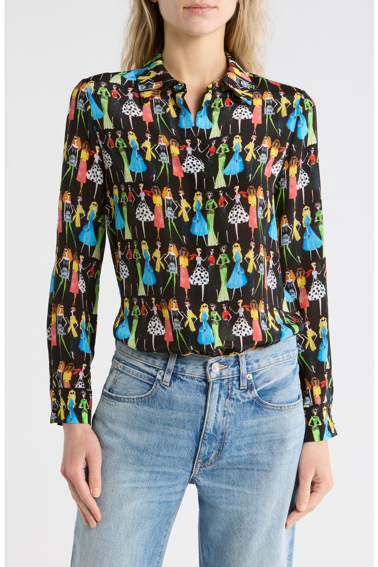 Willa Staceface Silk Button-Up Shirt, Main, color, CLUB STACE BLACK