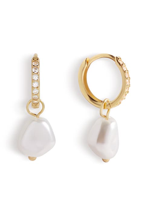 Freshwater Pearl Drop Pave Huggie Earrings