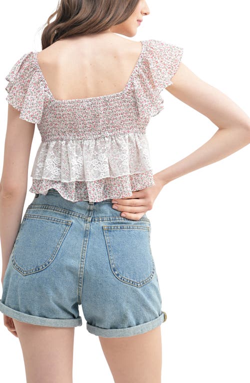 Lush Lace Contrast Ruffle Sleeve Top In Cream Red