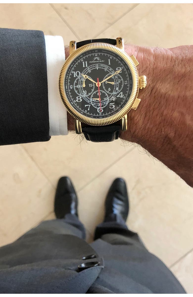 PORSAMO BLEU Men's Phileas Alligator Embossed Leather Vintage Style Chronograph Watch, 48mm, Alternate, color, 