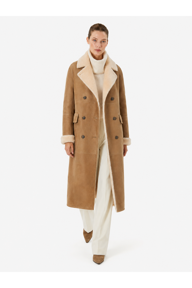 Symphony Merino Shearling Double-Breasted Long Coat, Alternate, color, Chalk