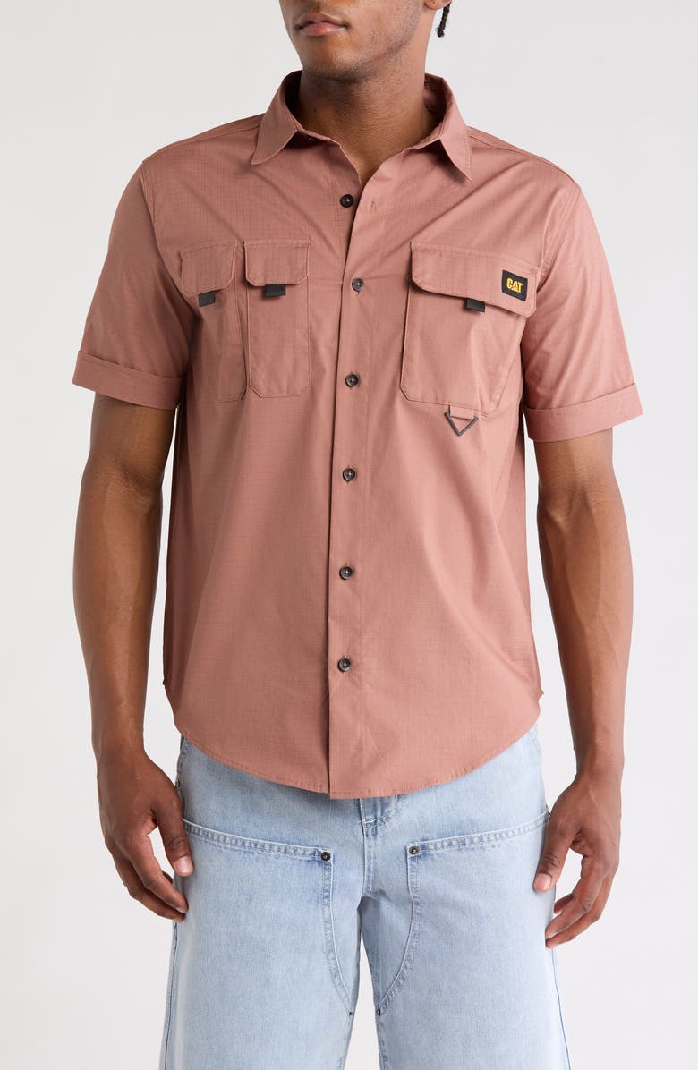 CAT WWR Utility Short Sleeve Button-Up Cotton Shirt, Main, color, Clove
