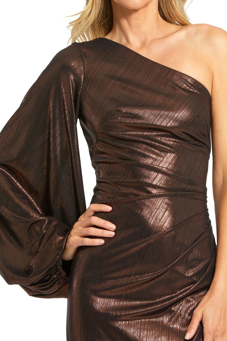 One Shoulder Long Sleeve Metallic Gown, Alternate, color, Chocolate