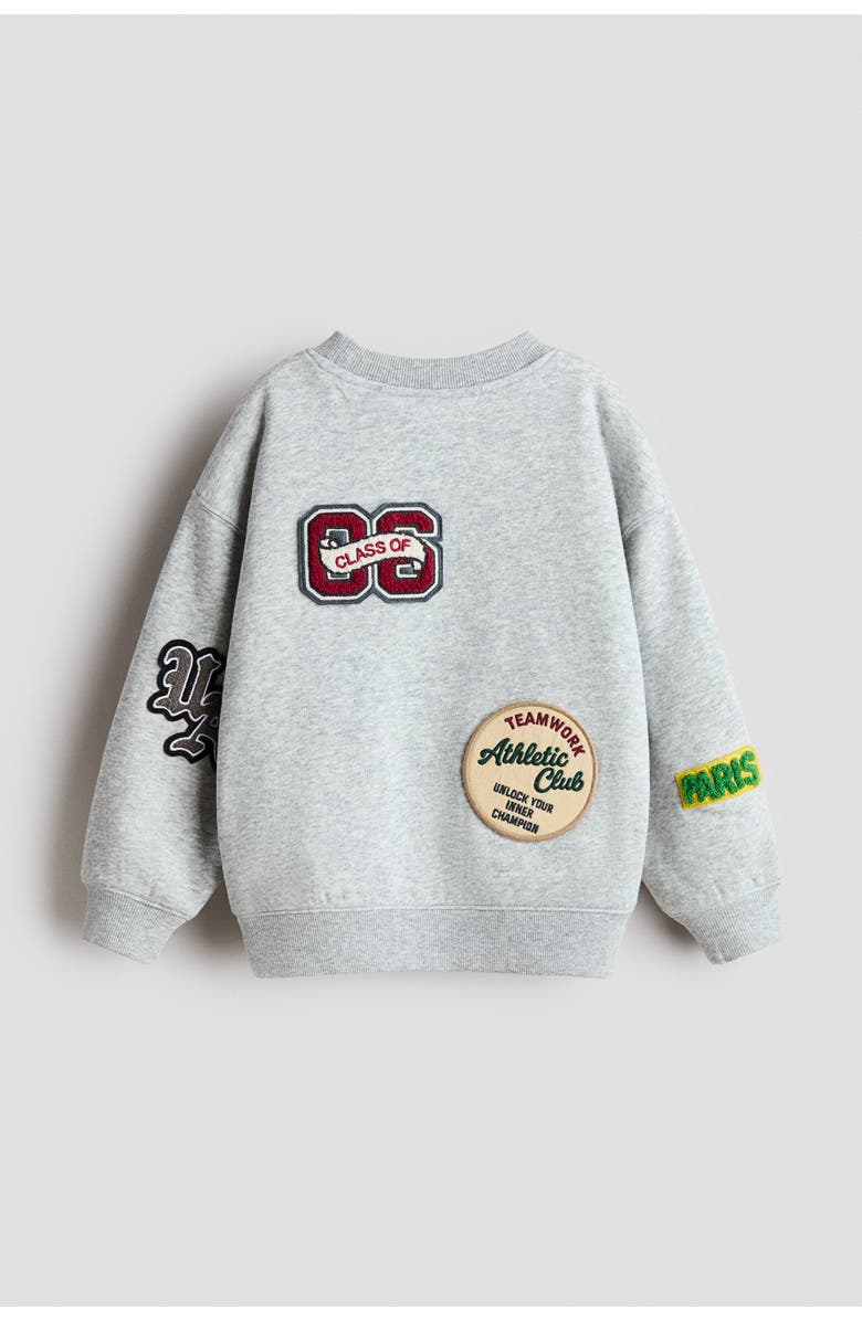 H&M Appliquéd Brushed-inside Sweatshirt, Alternate, color, Light Gray Melange/Patches