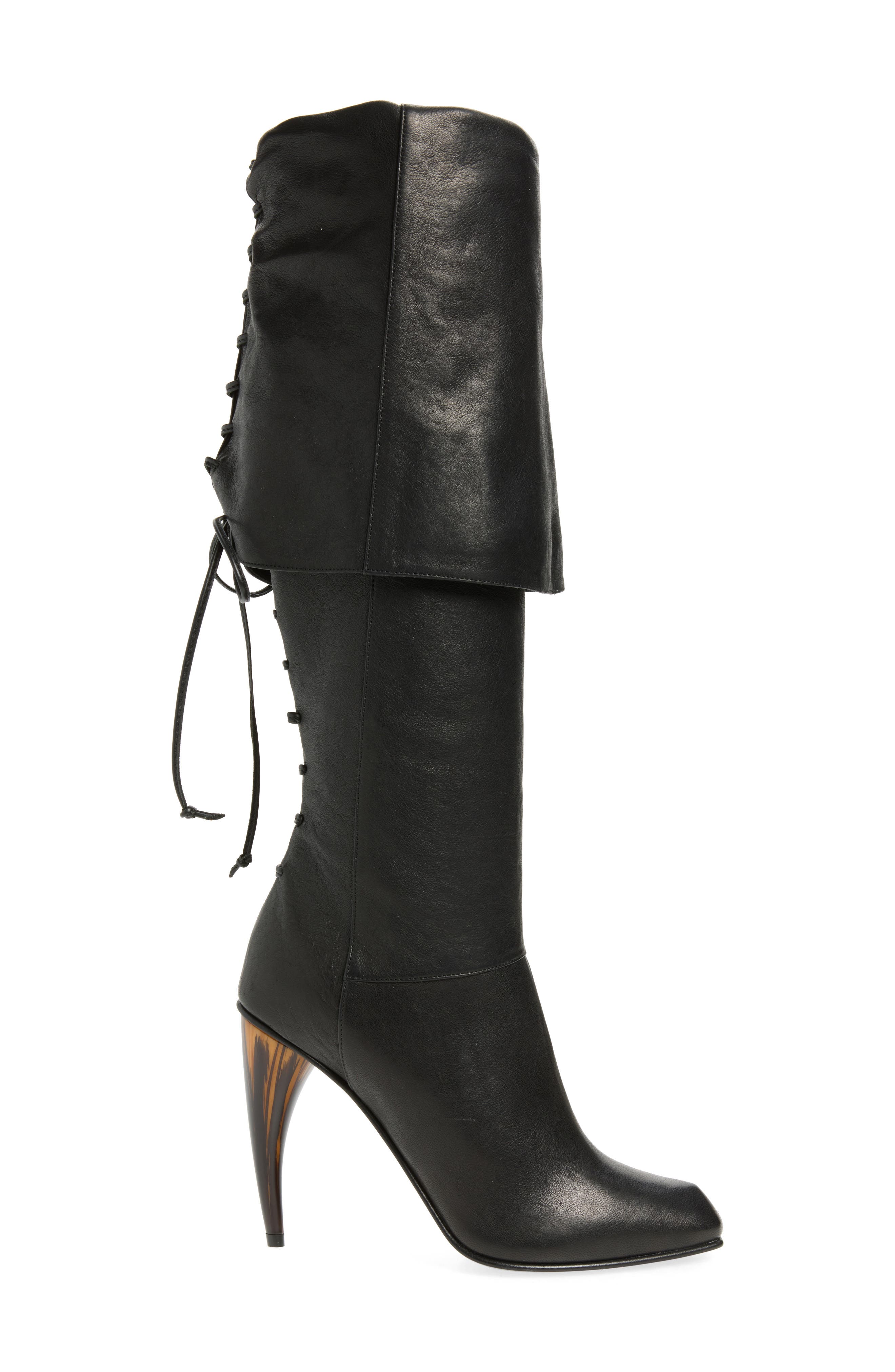 McQueen Lace-up Cuff Horn Heel Knee High Boot, Alternate, color, 