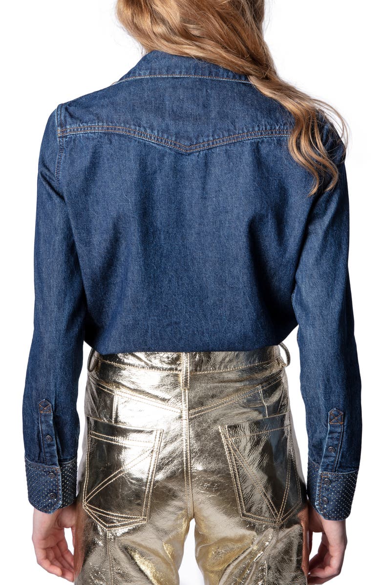 Zadig & Voltaire Thelma Embellished Cuff Cotton Denim Buttom-Up Shirt, Alternate, color,