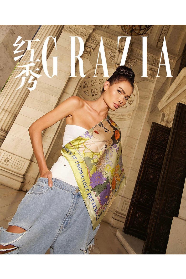 FRIDA x LOST PATTERN "Los Amores de Frida" Large Silk Scarf, Alternate, color, Pastel