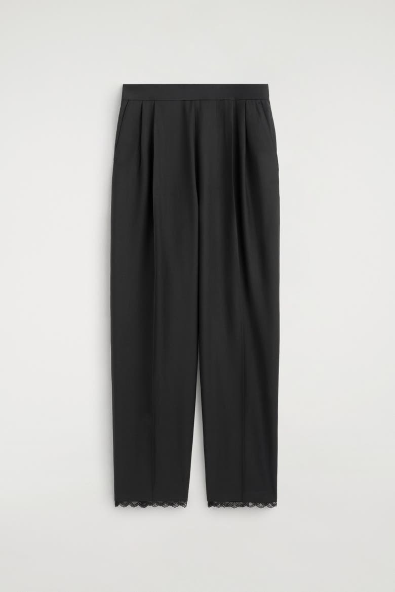 Lace-detail Wool Tapered Pants, Alternate, color, BLACK