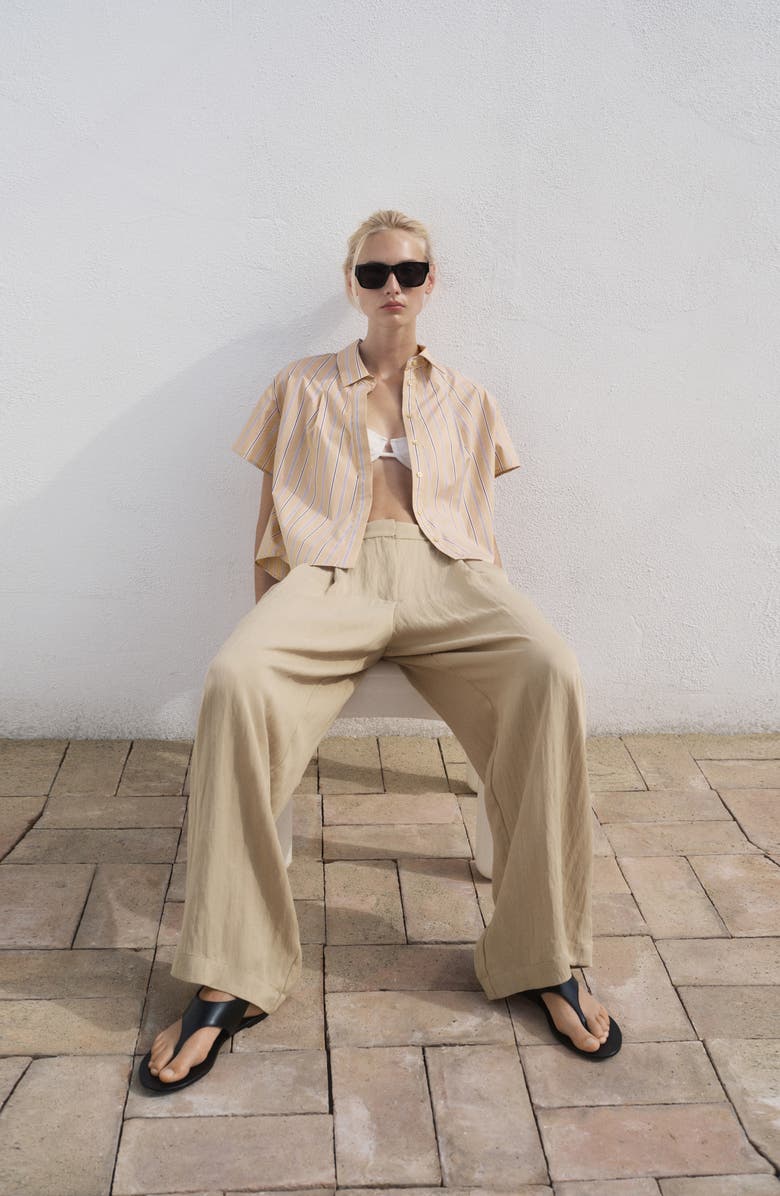 MANGO Stripe Short Sleeve Poplin Button-Up Shirt, Alternate, color, Light Brown