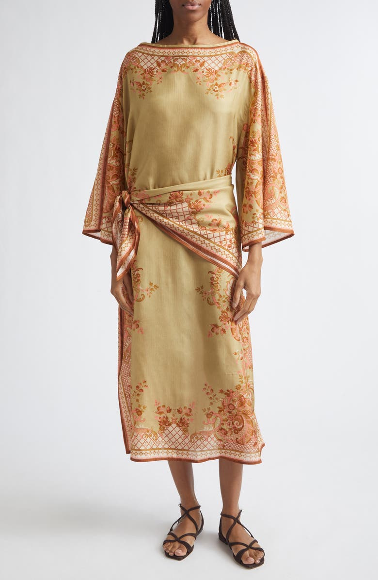 Zimmermann Aster Paisley Print Long Sleeve Tie Waist Silk Midi Dress, Main, color, Sage Paisley Floral