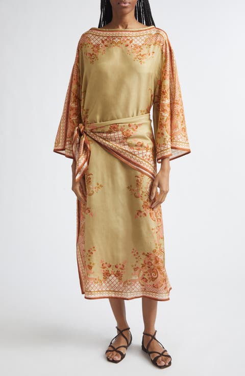Aster Paisley Print Long Sleeve Tie Waist Silk Midi Dress (Regular & Petite)