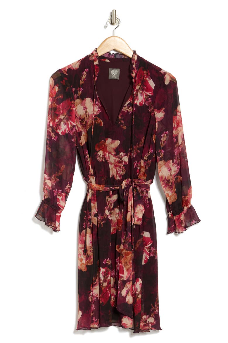 Floral Ruffle Sleeve Tie Waist Chiffon Dress, Alternate, color, WINE MULTI