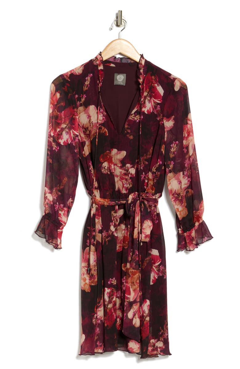 Vince Camuto Floral Ruffle Sleeve Tie Waist Chiffon Dress, Alternate, color, Wine Multi