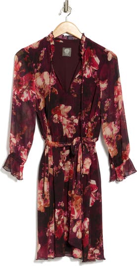 Floral Ruffle Sleeve Tie Waist Chiffon Dress