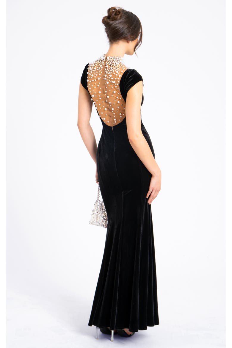 Rachael Velvet Pearl Embellished Gown, Alternate, color, Black