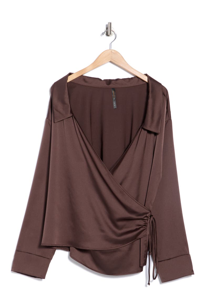 Faux Wrap Satin Top, Alternate, color, CHOCOLATE