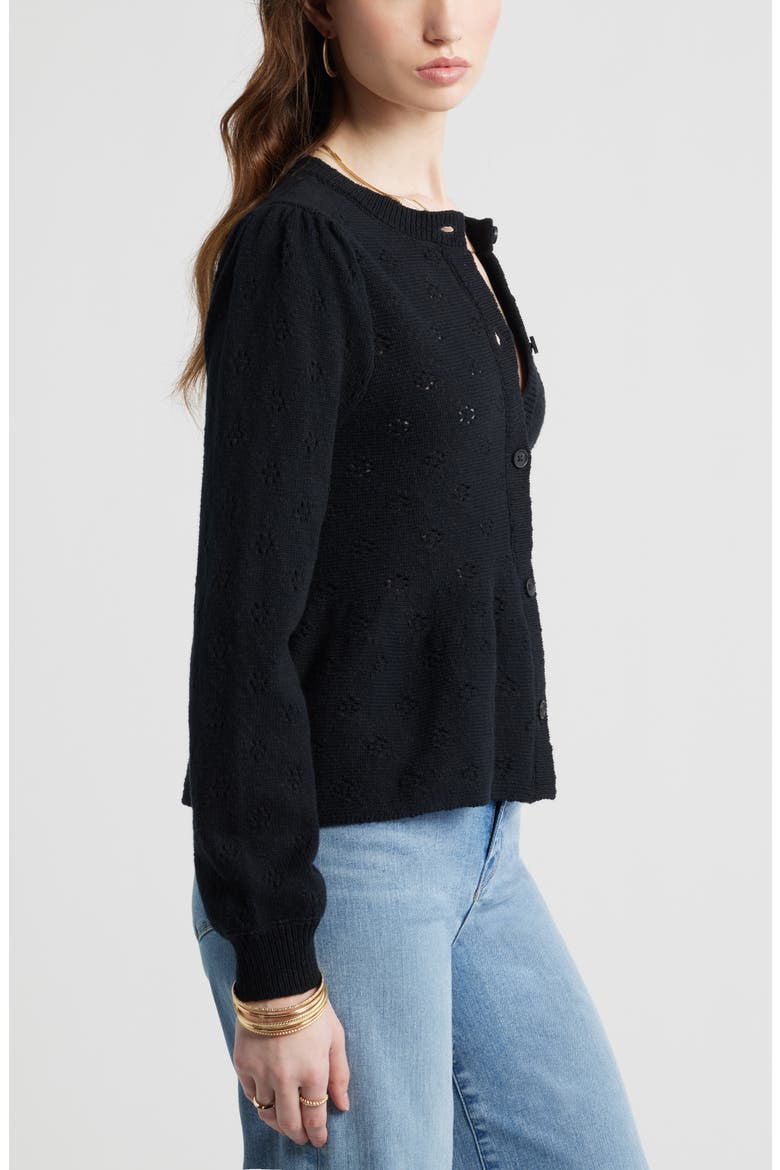 Pointelle Peplum Cardigan, Alternate, color, BLACK