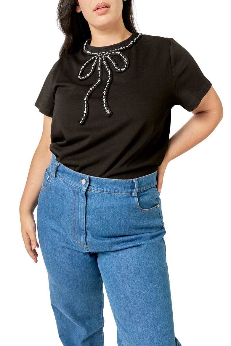 Pearl-Embellished Bow T-Shirt, Main, color, BLACK
