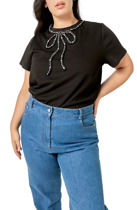 Pearl-Embellished Bow T-Shirt