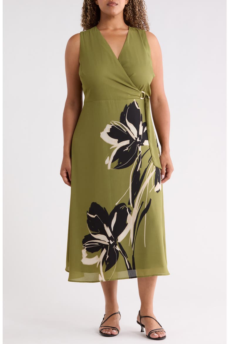 Floral Faux Wrap Midi Dress, Main, color, BAY LEAF MULTI