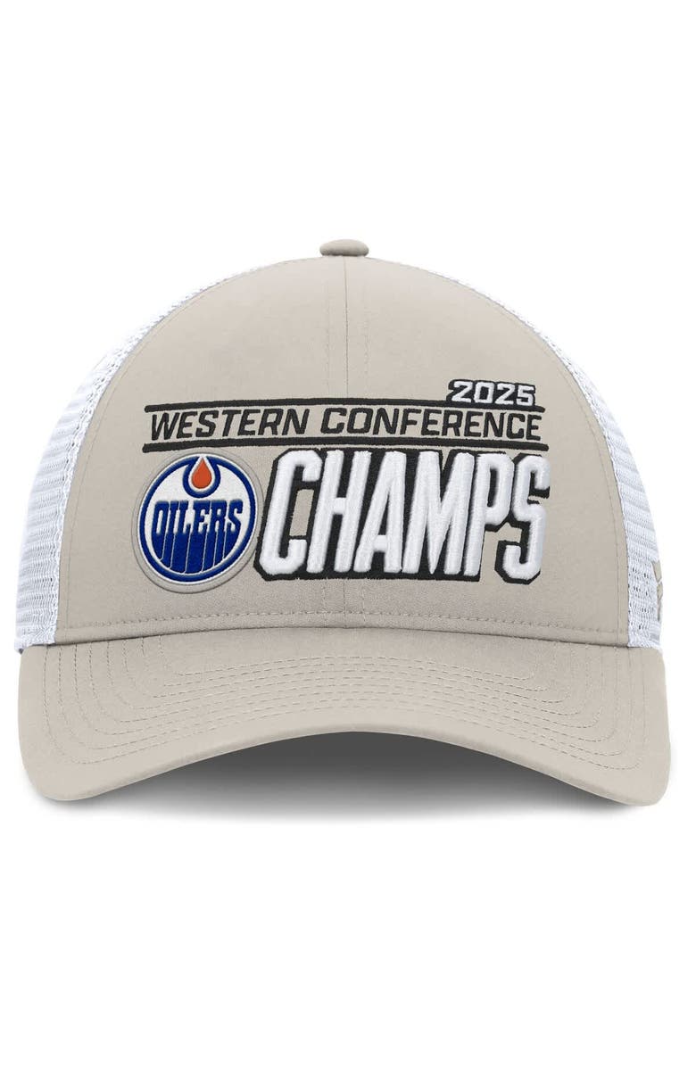 FANATICS Men's Fanatics  Natural/White Edmonton Oilers 2025 Western Conference Champions Locker Room Trucker Adjustable Hat, Alternate, color, 