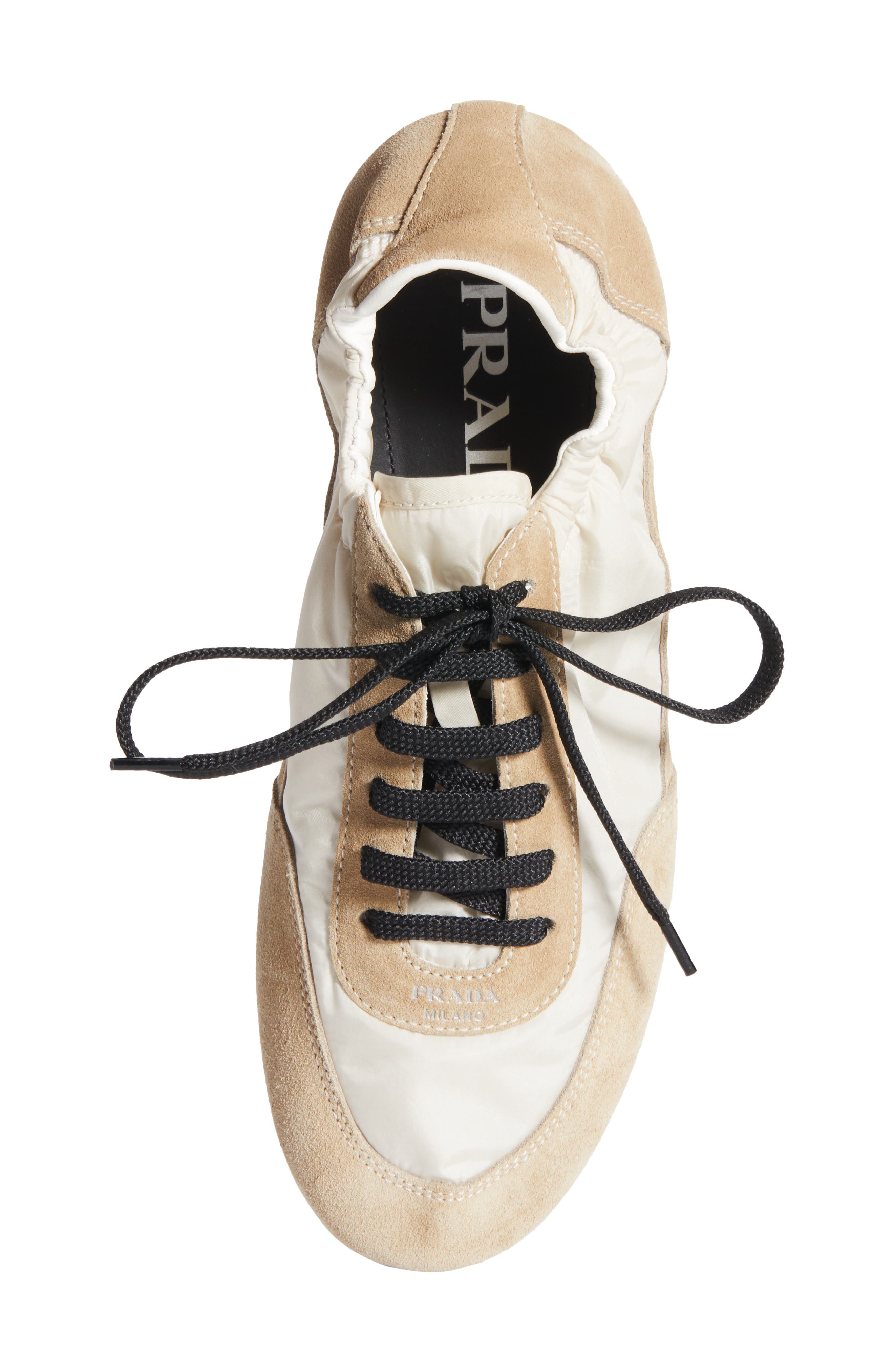Prada Collapse Mixed Media Low Top Sneaker, Alternate, color, Beige