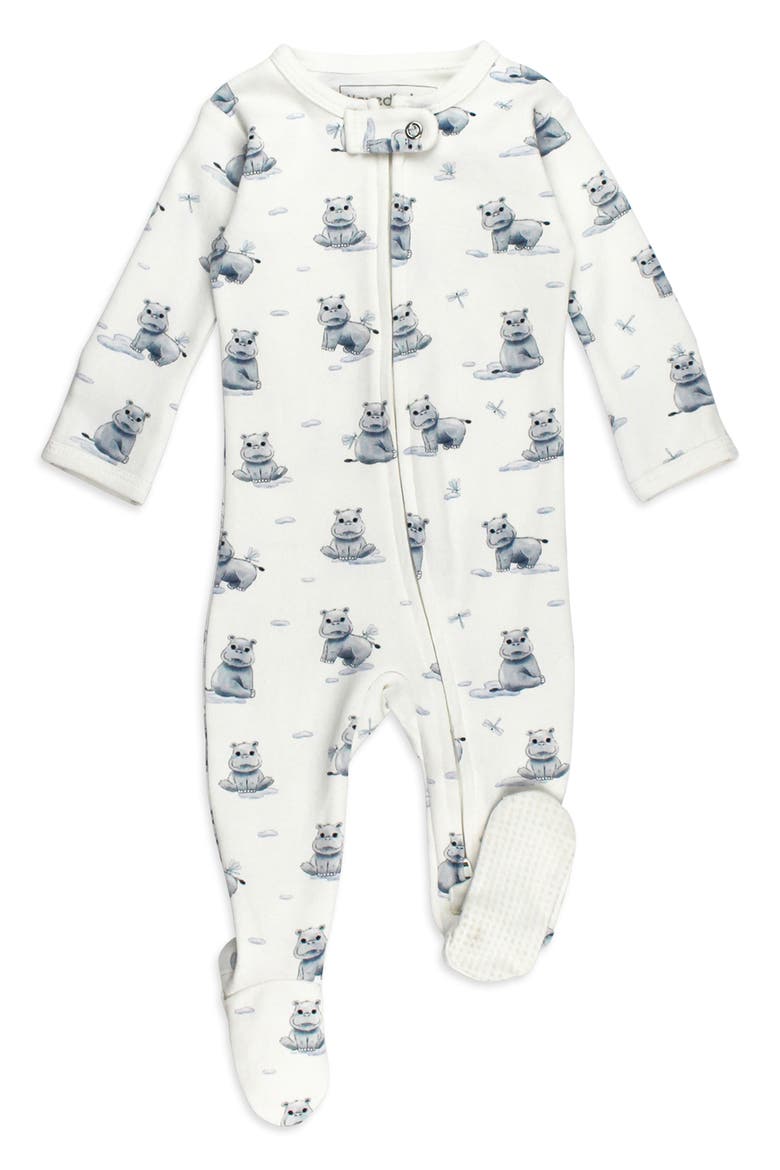 Hippo Print Fitted One-Piece Organic Cotton Footie Pajamas, Main, color, BABY HIPPO
