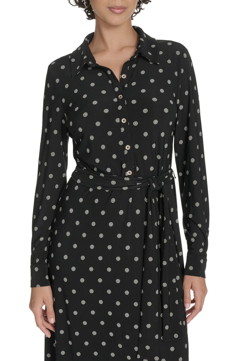 Tommy Hilfiger Long Sleeve Tie Waist Shirtdress, Alternate, color, Black/ Whitecap