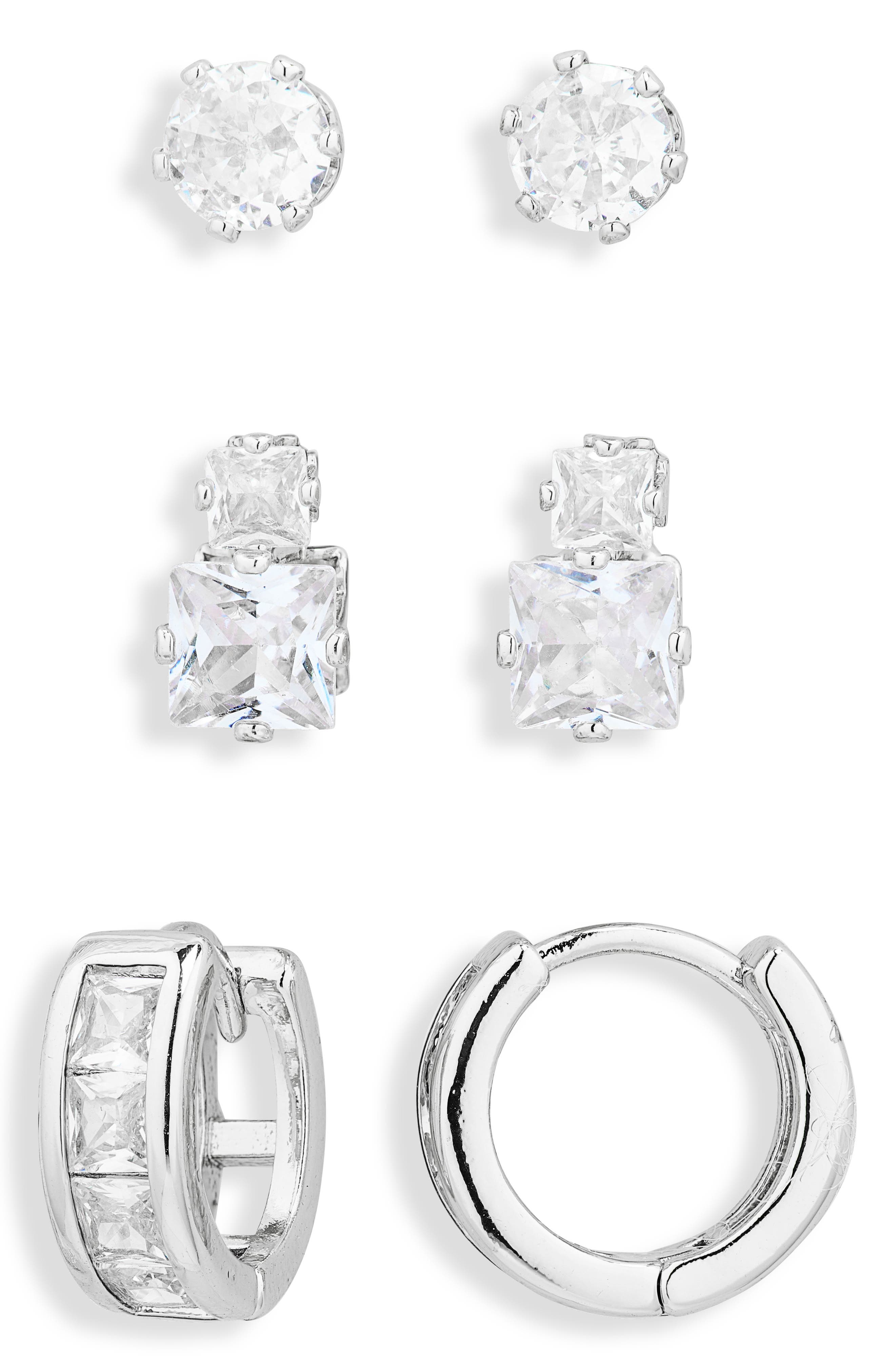 3-Pack CZ Stud & Huggie Earrings Set