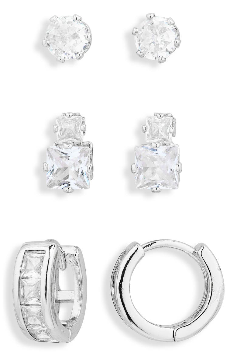 3-Pack CZ Stud & Huggie Earrings Set, Main, color, CLEAR- SILVER