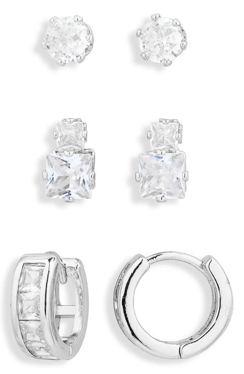 3-Pack CZ Stud & Huggie Earrings Set