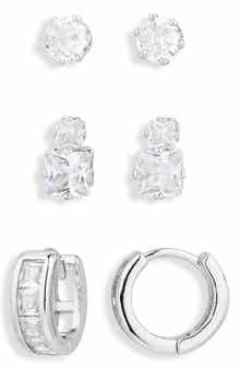 3-Pack CZ Stud & Huggie Earrings Set