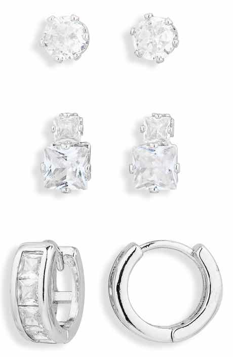 3-Pack CZ Stud & Huggie Earrings Set