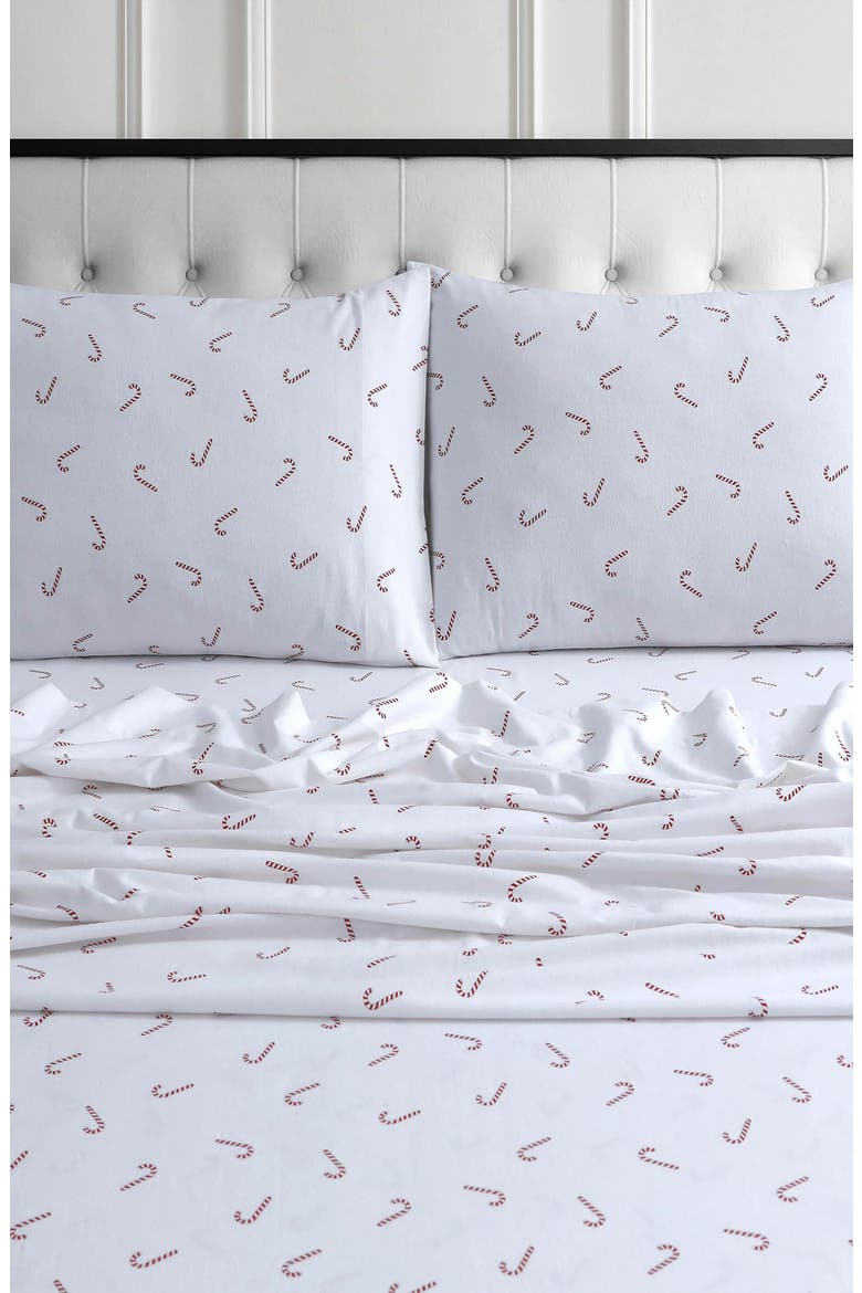 Candy Cane Cotton Flannel Sheet Set, Main, color, DEEP RED
