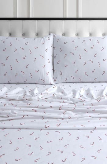 Azores Home Candy Cane Cotton Flannel Sheet Set In White