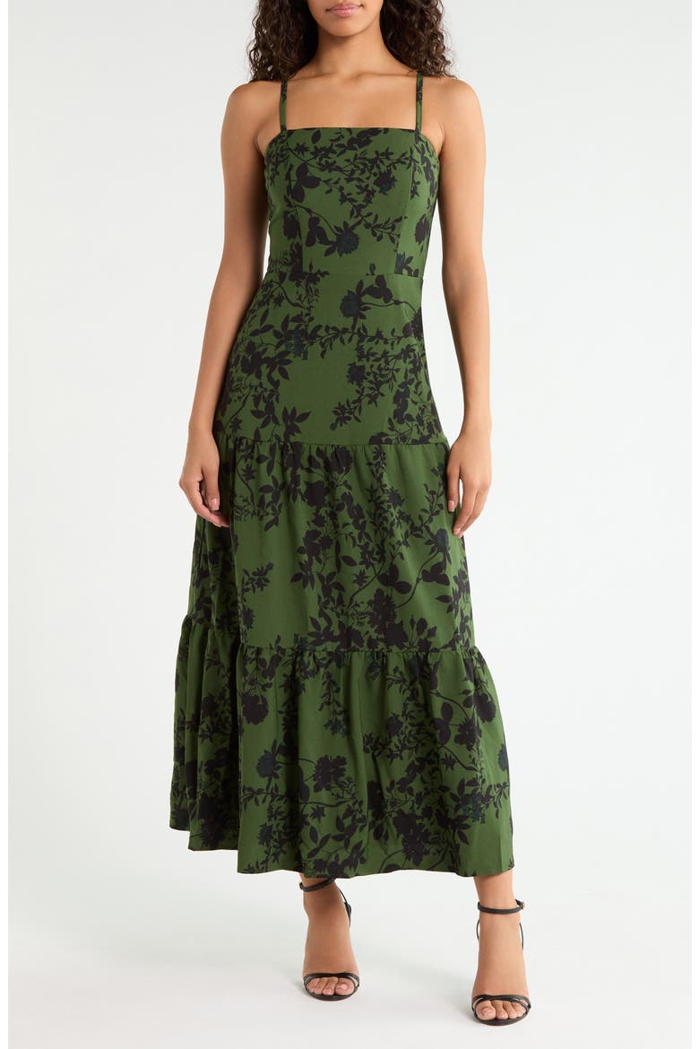 Tindrie Floral Alvis Tiered Maxi Dress, Main, color, OLIVE-BLACK