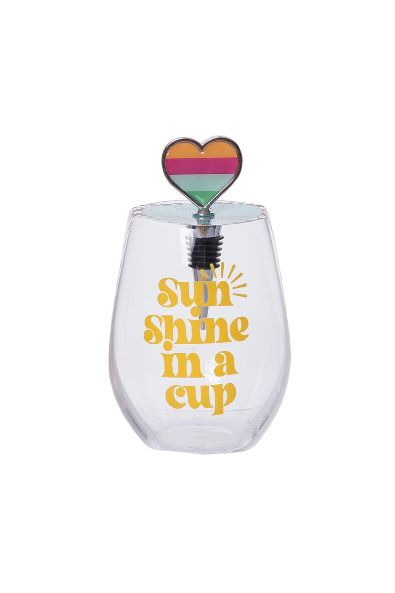 Sun Shine Wine Glass w/ Stopper Set of 2 Glass Clear 18 oz, Main, color, Clear