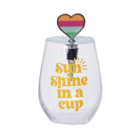 Sun Shine Wine Glass w/ Stopper Set of 2 Glass Clear 18 oz