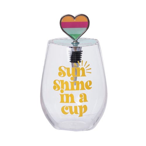 Totalee Gift Sun Shine Wine Glass W/ Stopper Set Of 2 Glass Clear 18 oz In Multi