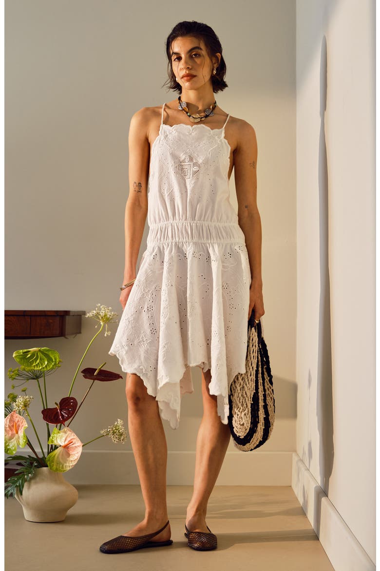 Eyelet Embroidered Handkerchief Hem Cotton & Linen Sundress, Alternate, color, WHITE