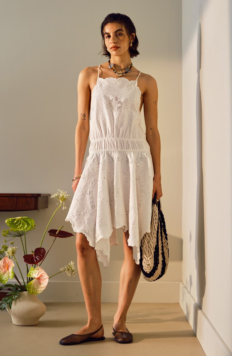 Topshop Eyelet Embroidered Handkerchief Hem Cotton & Linen Sundress, Alternate, color, White