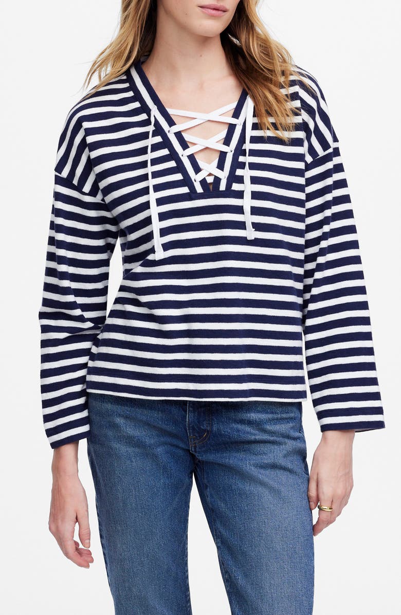 Madewell Stripe Lace-Up Long Sleeve Top, Main, color, Navy