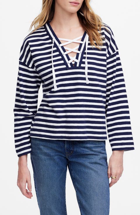 Stripe Lace-Up Long Sleeve Top