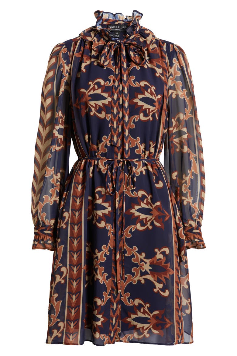 Florentine Print Long Sleeve Tie Neck Shirtdress, Alternate, color, NAVY MULTI