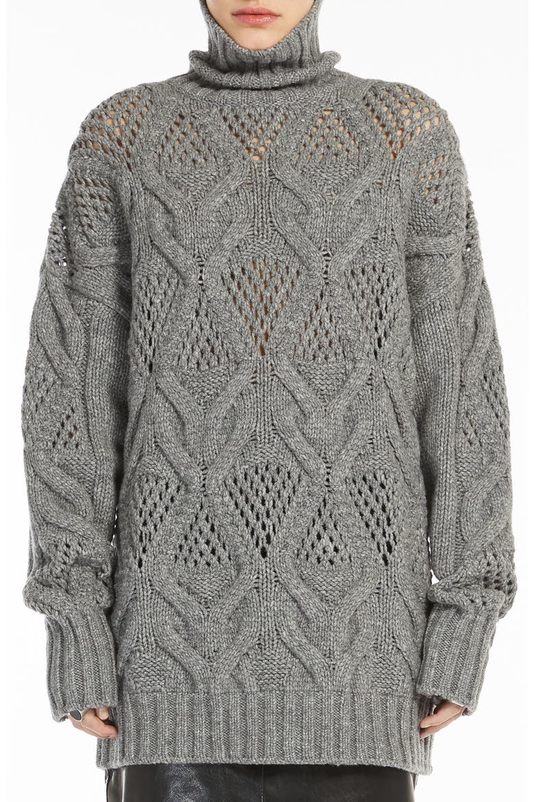 Oversize Open Stitch Wool Blend Turtleneck Sweater, Main, color, MEDIUM GREY