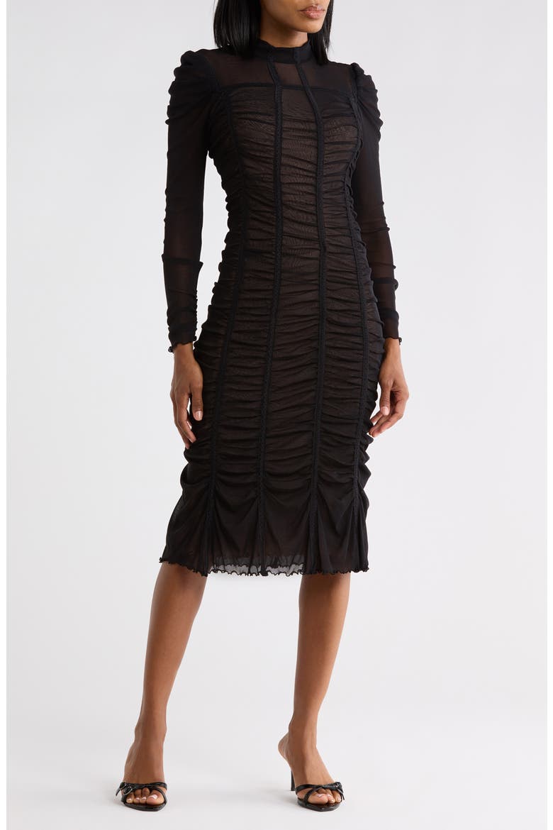 Carmela Ruched Midi Dress, Main, color, BLACK