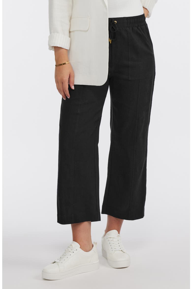 Wide Leg Linen Blend Drawstring Crop Pants, Main, color, BLACK