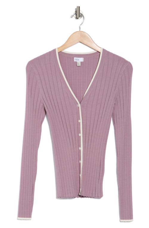 Nordstrom Rack Tipped V-neck Ribbed Cardigan In Purple Morn- Ivory Tipping