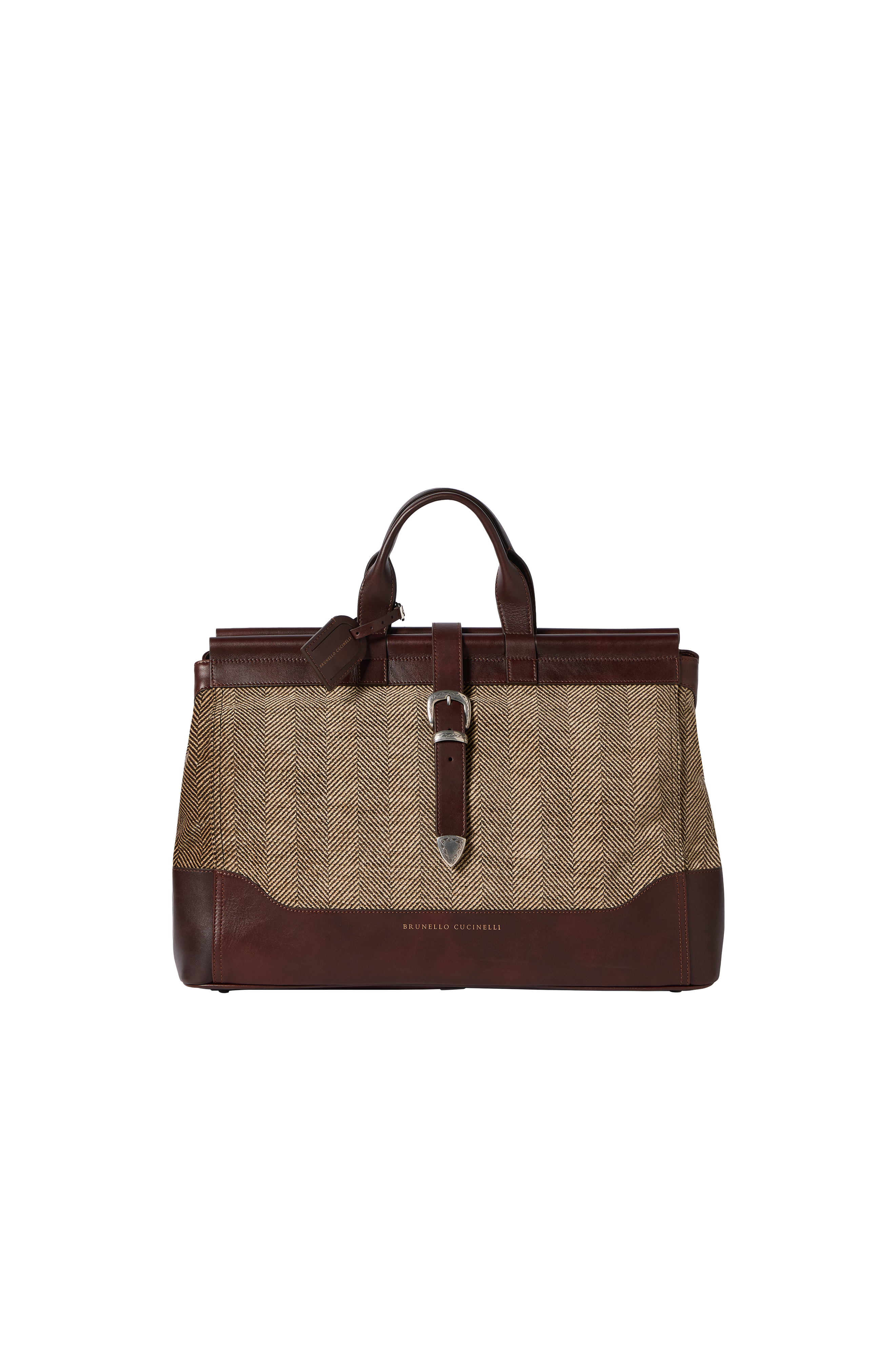Burnished calfskin and chevron-effect techno fabric doctor bag, Alternate, color, Brown
